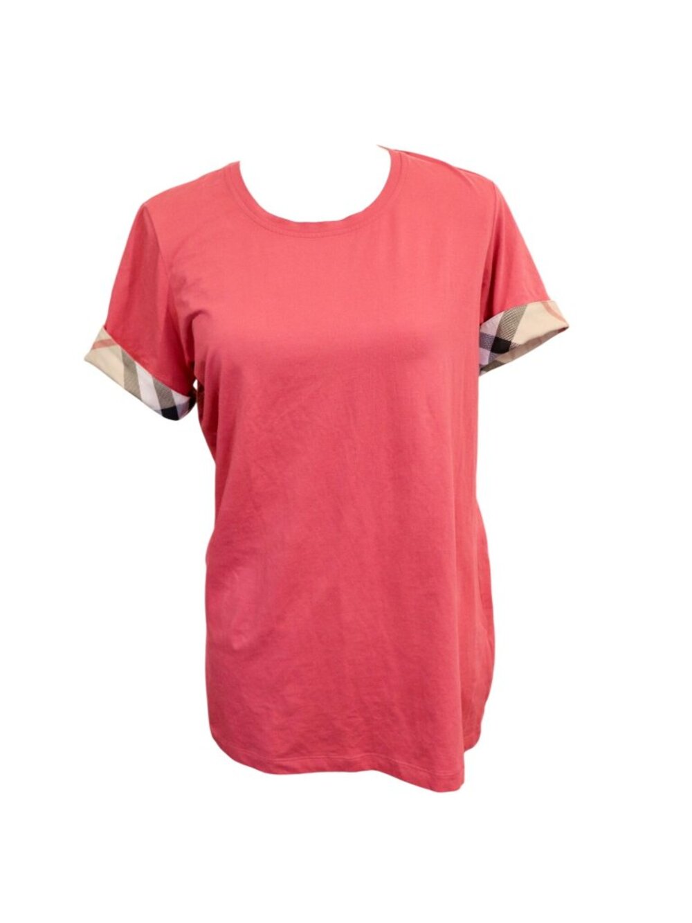 Burberry Ancholme Light Red T-Shirt With Check Cuff Sleeves, Size Large